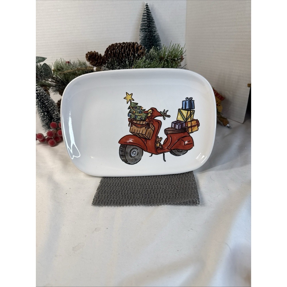 Ceramisia Red Moped With A Christmas Tree & Gifts Stoneware Cookie Plate Italy